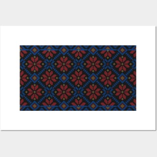 Palestinian Jordanian Traditional Tatreez Realistic Embroidery Design #6 red-blu Posters and Art